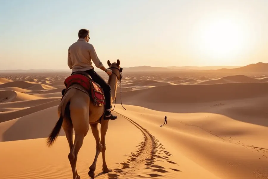 Camel caravan approaching Erg Chigaga luxury camp at sunset