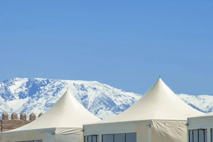 : Agafay Desert luxury camp view at sunrise