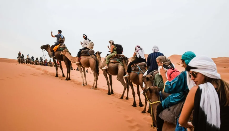 Morocco travel destinations featuring Sahara desert dunes camel trekking