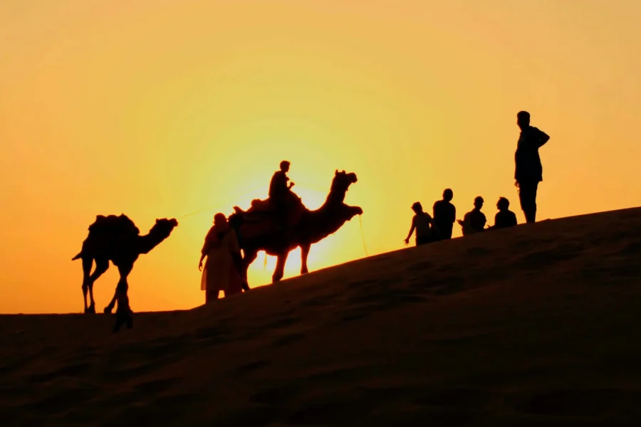Sunset camel caravan during 3 day desert trip from Marrakech
